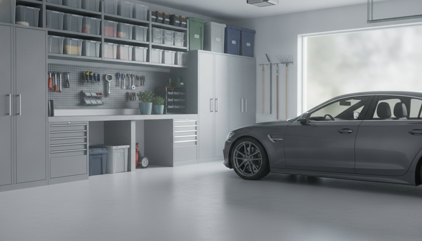 Garagem residencial organizada com armários metálicos nas paredes e um carro sedan estacionado no centro.
