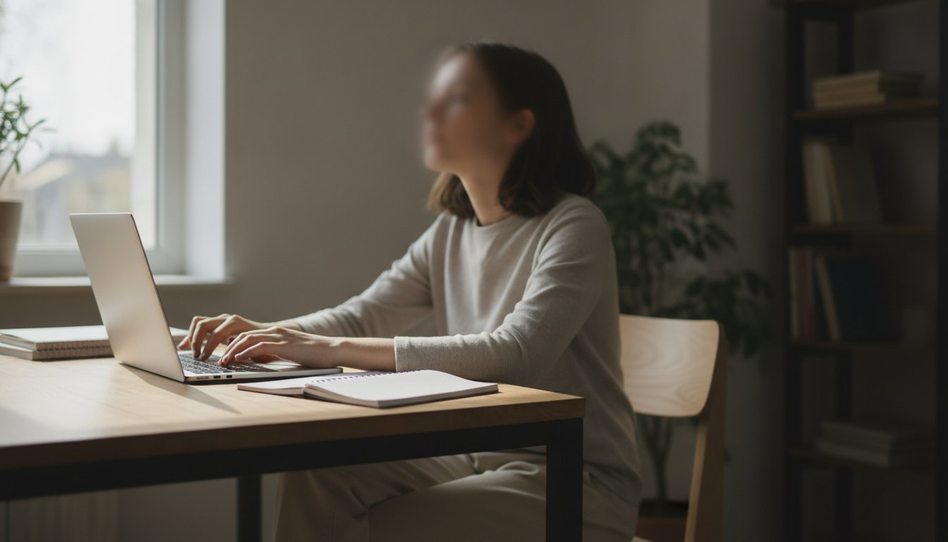 Jovem sentada à mesa com um notebook aberto e cadernos, digitando e olhando para a tela.