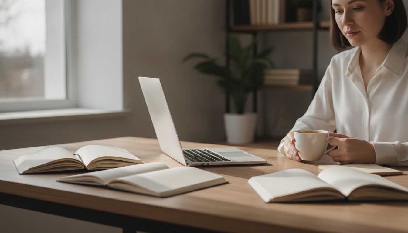 Homem adulto sentado à mesa com cadernos abertos e notebook, segurando uma xícara de café.