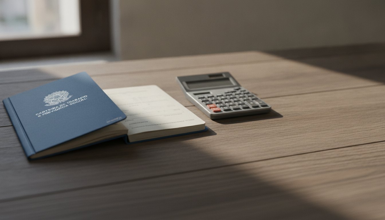 Carteira de trabalho azul aberta sobre uma mesa de madeira ao lado de uma calculadora