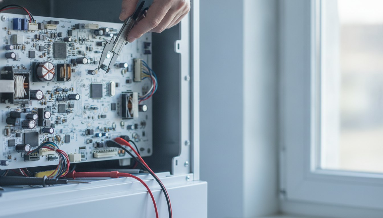 Técnico usando ferramentas de medição em uma placa eletrônica exposta de um eletrodoméstico branco.