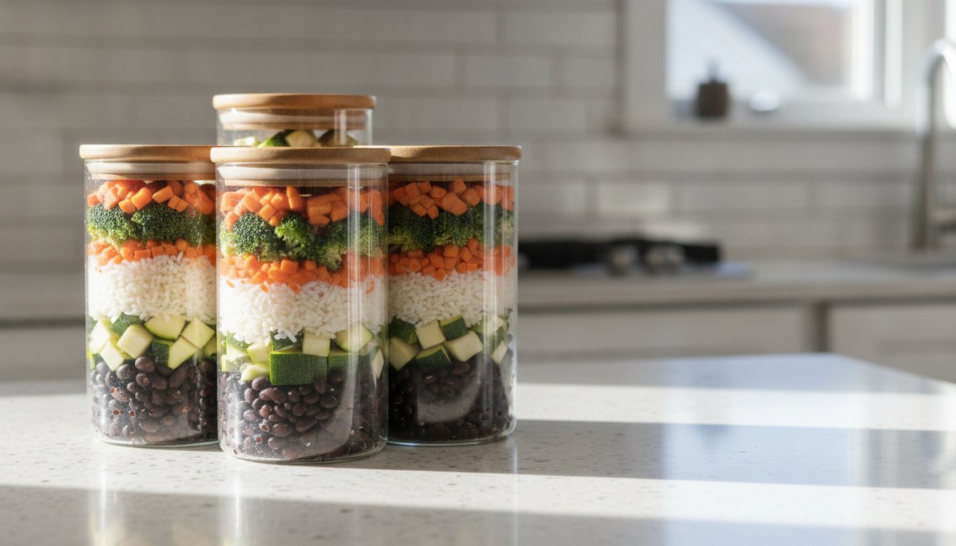 Recipientes de vidro com arroz, feijão e legumes organizados sobre uma bancada de granito claro.