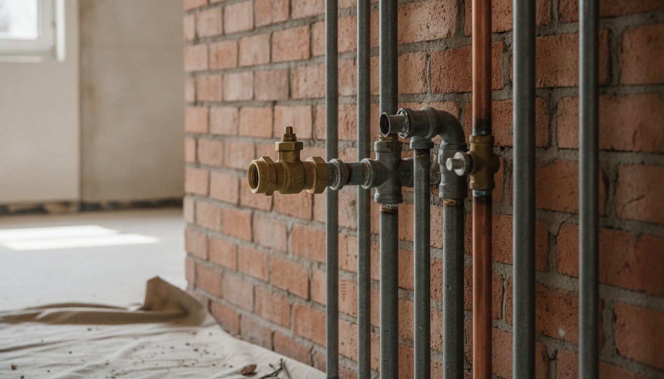 Operário ajusta conexões de tubulação metálica em parede de tijolos durante obra de cozinha.