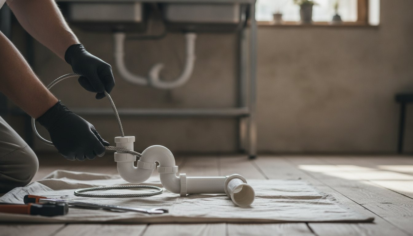 Profissional com luvas manuseando cabo flexível em tubulação de pia de cozinha desmontada.