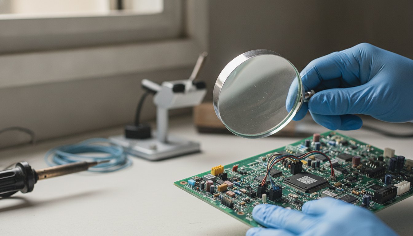 Técnico com luvas analisando uma placa eletrônica verde com o auxílio de uma lupa.