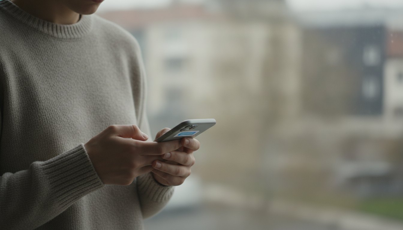 Pessoa segurando um celular com expressão atenta ao ler uma mensagem suspeita na tela do aparelho.