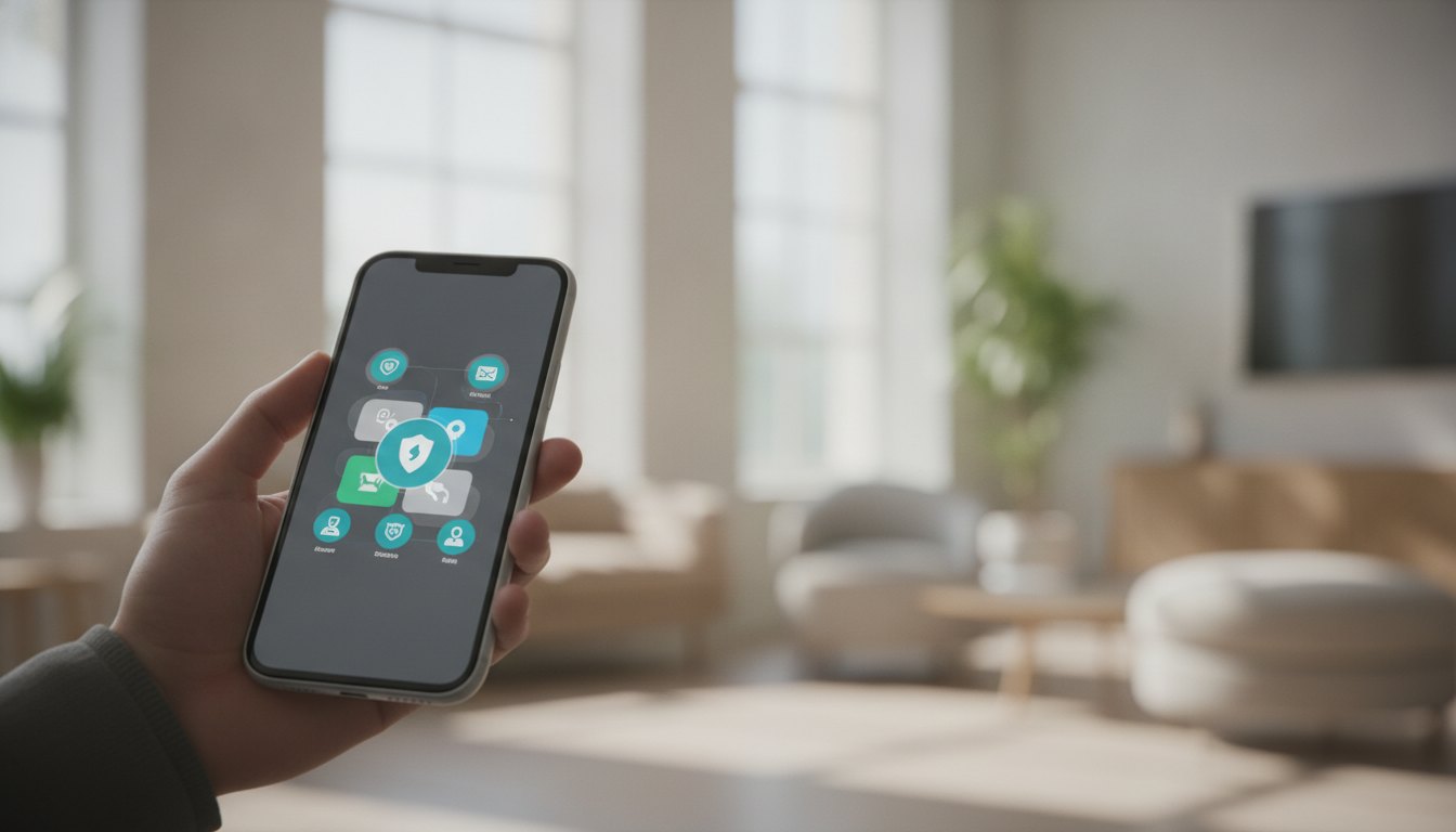 Pessoa segurando um celular com tela exibindo opções de segurança e privacidade em ambiente iluminado.