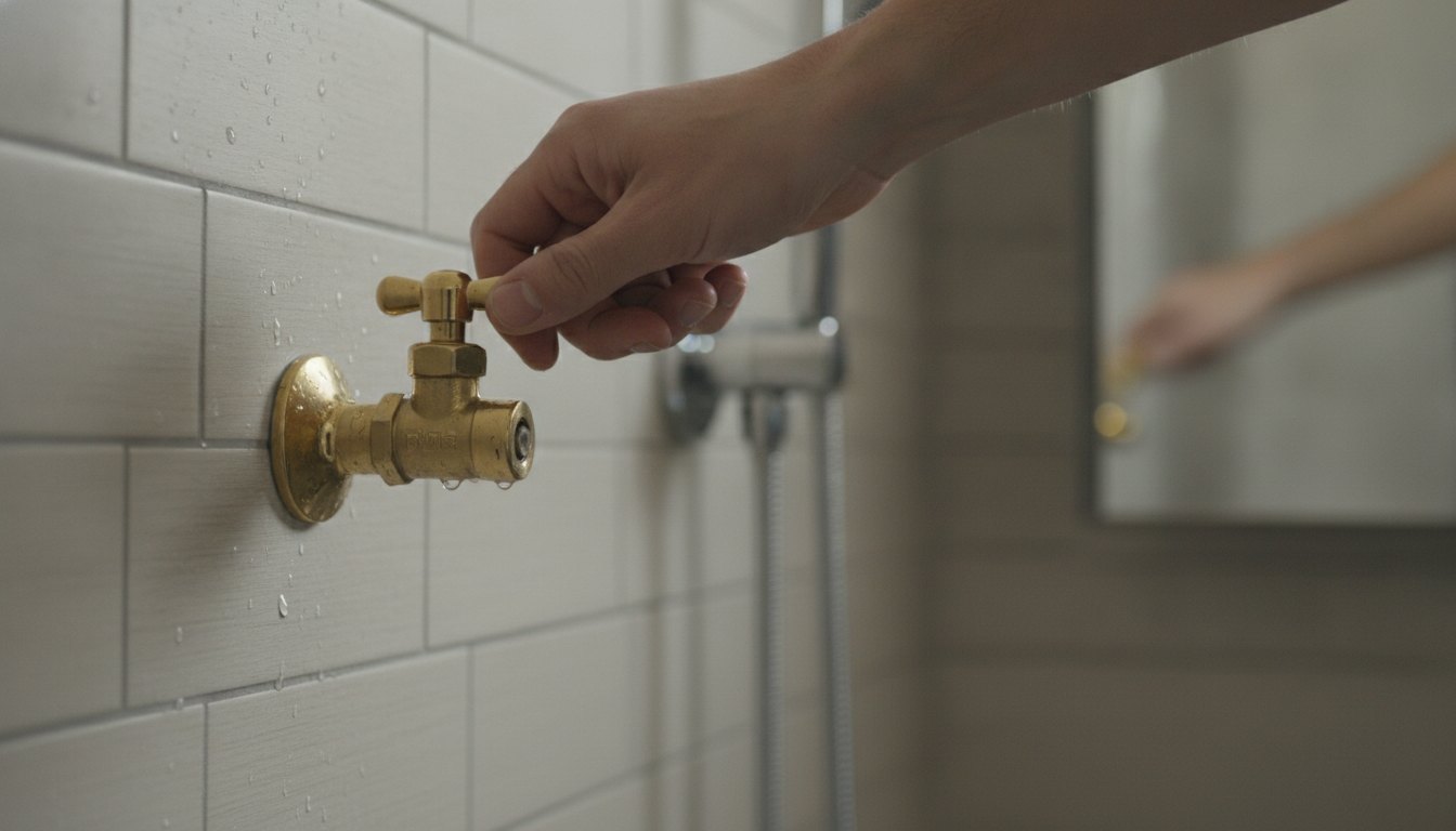 Mão girando o registro de gaveta metálico instalado na parede azulejada de um banheiro residencial.