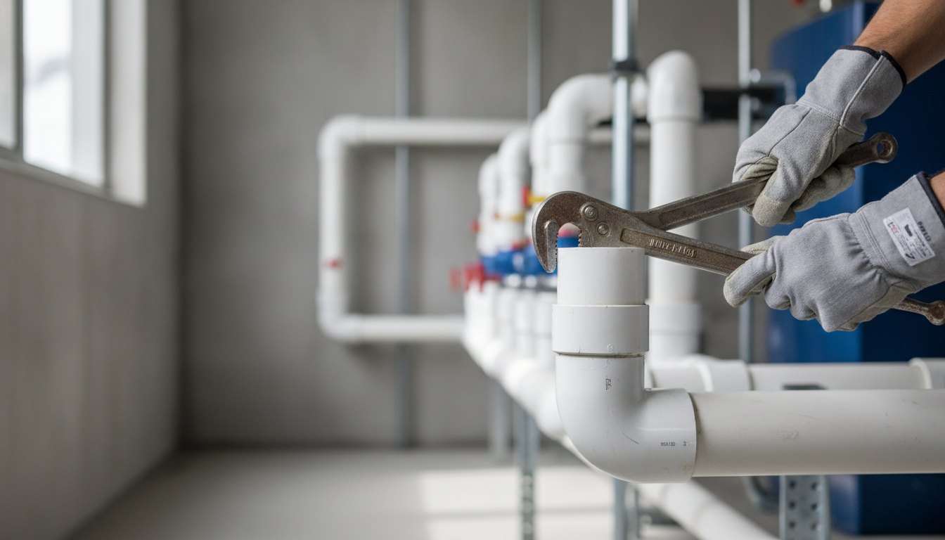 Profissional com luvas ajustando conexões de tubulação de PVC com o auxílio de uma chave grifo.