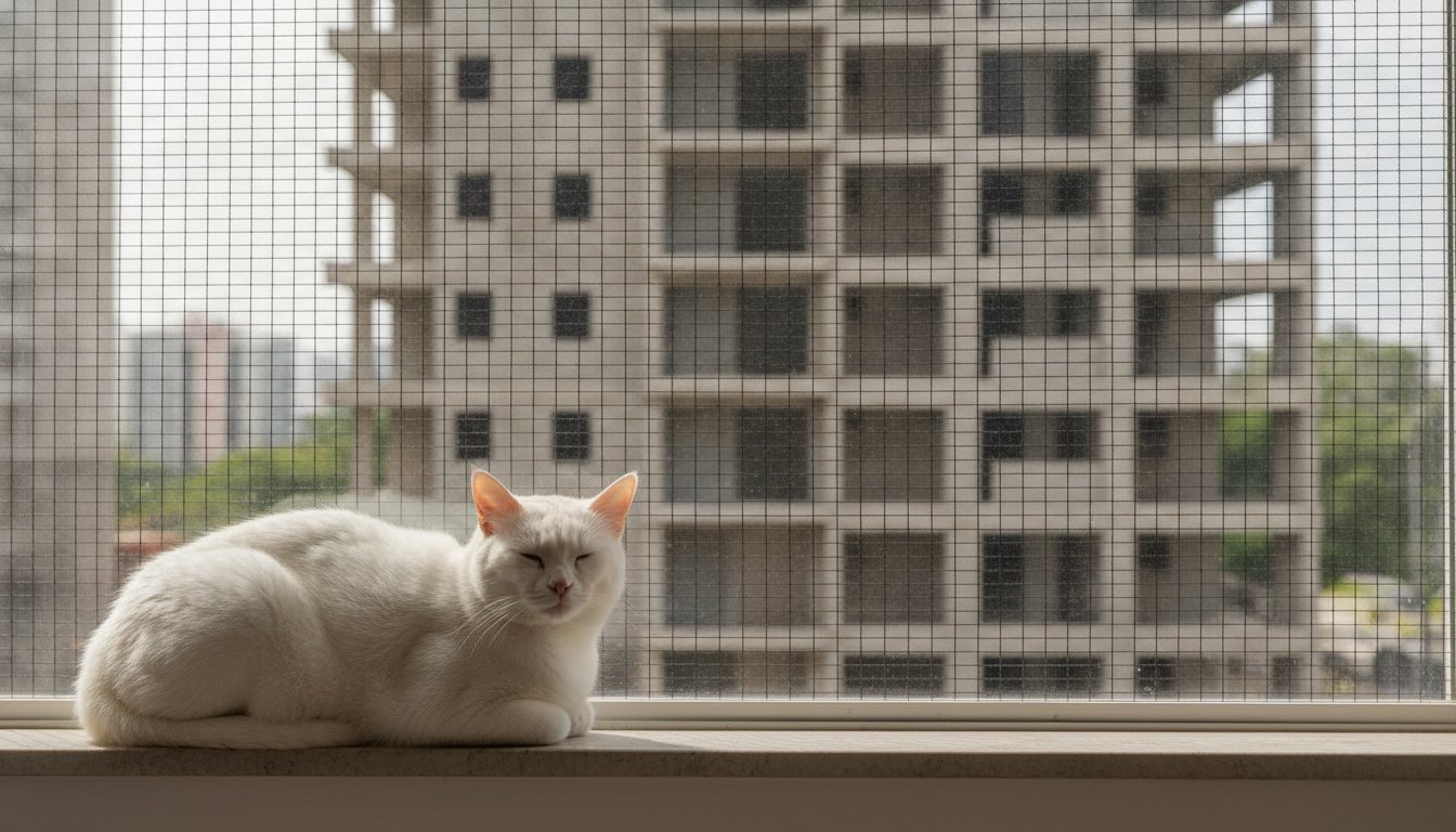 Gato branco apoiado em uma janela de apartamento protegida por uma rede de fios pretos.