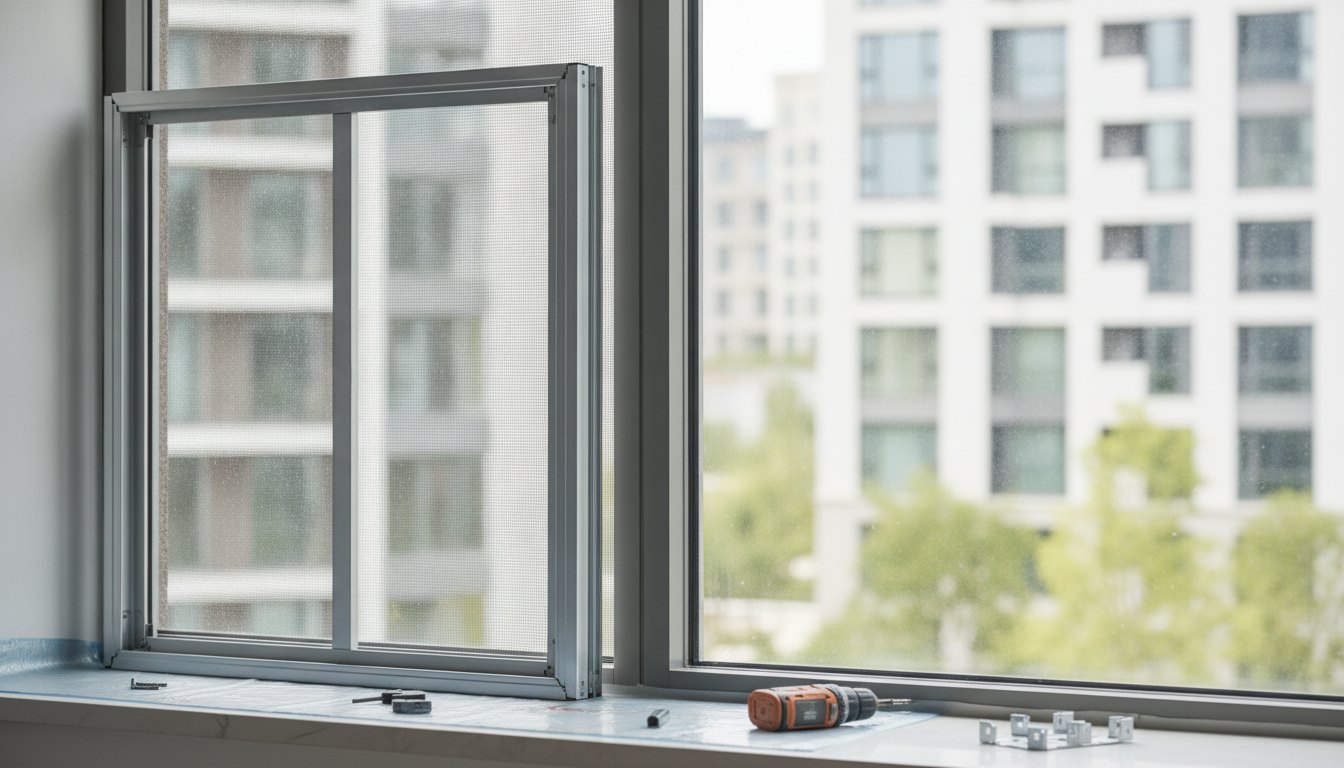 Trabalhador instalando estrutura de alumínio para tela de segurança em janela de apartamento moderno.