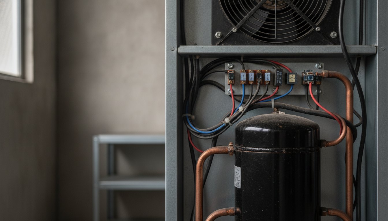 Parte traseira de uma geladeira com foco nos componentes elétricos conectados ao compressor preto.