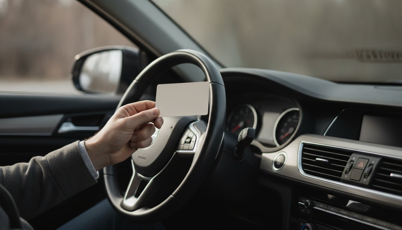 Homem segurando uma carteira de motorista aberta ao lado do volante de um carro.
