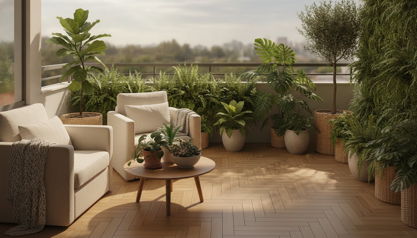 Varanda residencial com piso de madeira, poltronas confortáveis e vasos com plantas diversas sob luz natural.