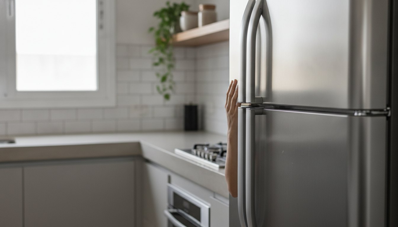 Geladeira de aço inox em uma cozinha com uma mão encostada na lateral do eletrodoméstico.