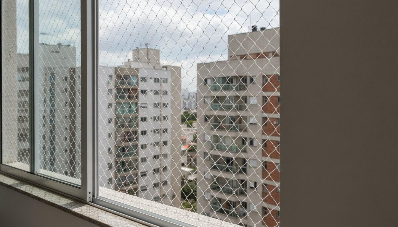 Janela de apartamento com rede de proteção instalada e vista para prédios vizinhos.