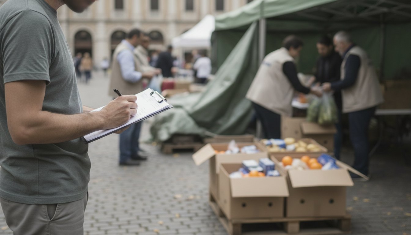 Jovem preenchendo formulário em prancheta durante ação social de distribuição de alimentos em praça pública.