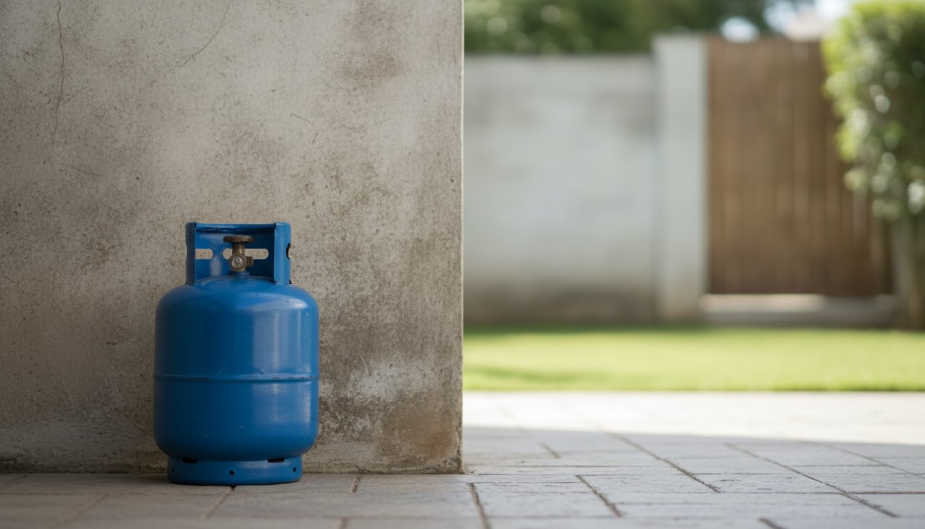 Botijão de gás de cozinha posicionado em área externa ventilada ao lado de uma parede clara.