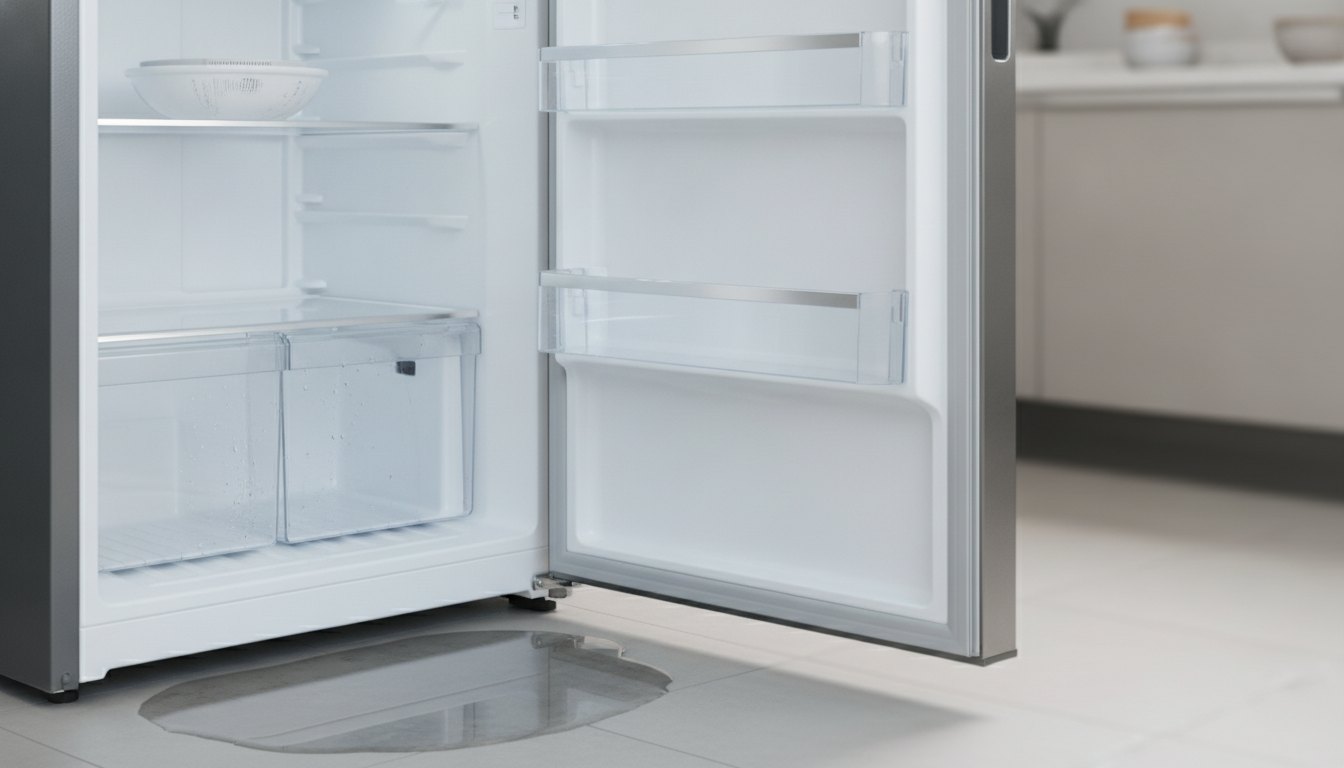 Água acumulada na parte inferior do gabinete de uma geladeira com as portas abertas.