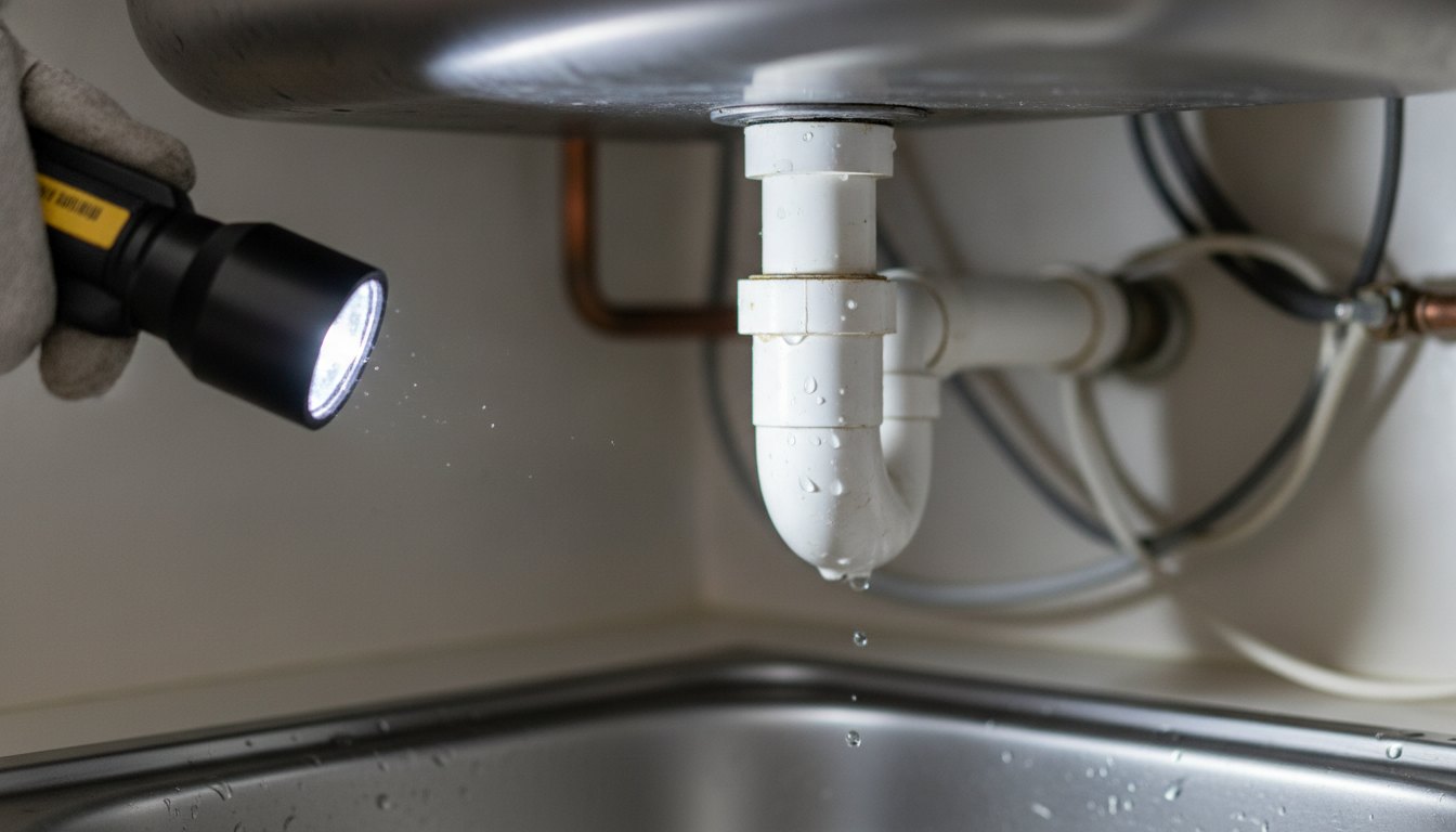 Mão segurando uma lanterna iluminando um cano de pvc com gotas de água sob uma pia.