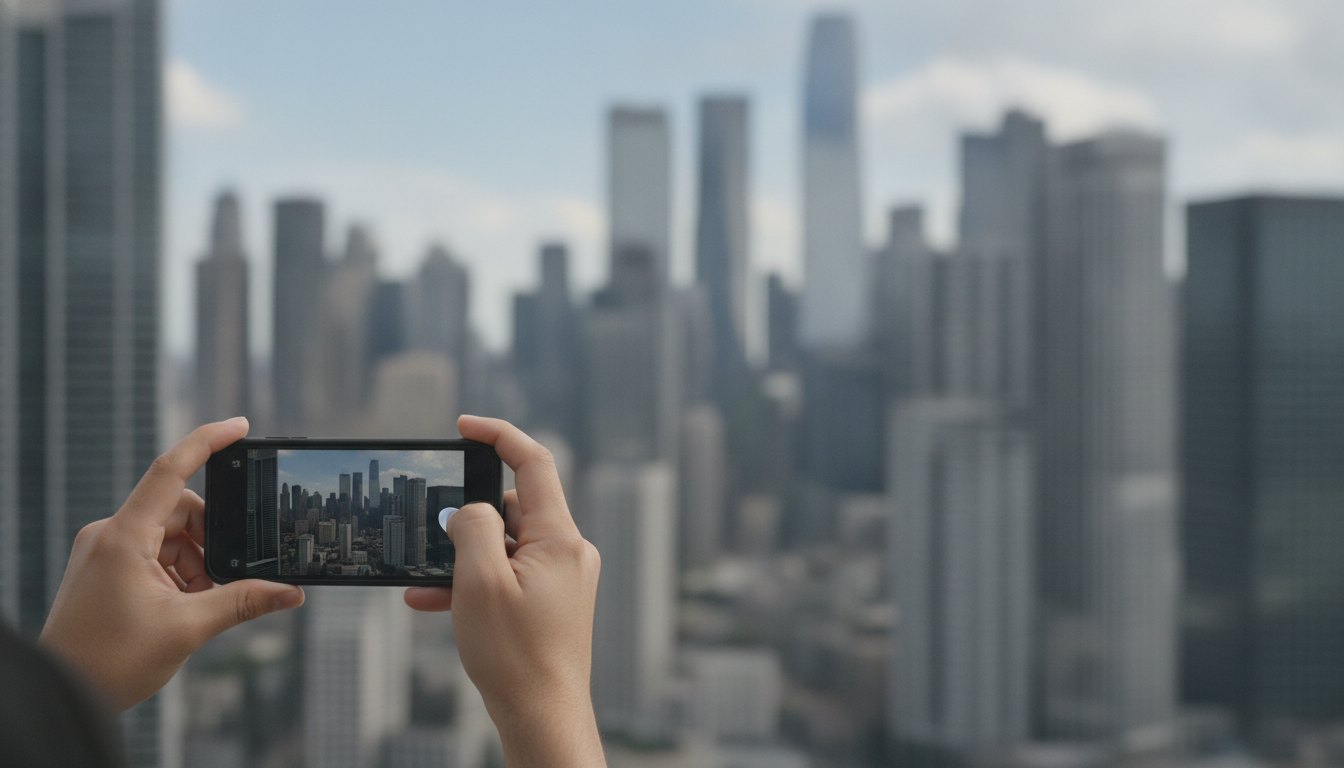 Pessoa segurando um smartphone e fotografando uma paisagem urbana com prédios altos ao fundo.
