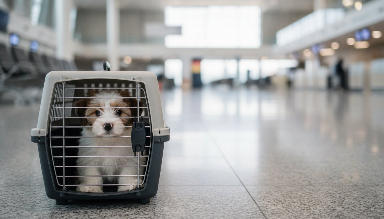 Cachorro pequeno olhando através da grade de uma caixa de transporte rígida em aeroporto.