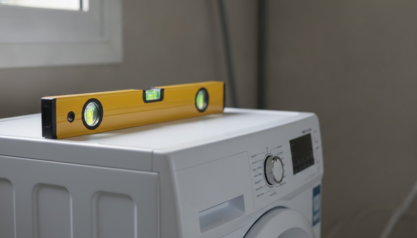 Nível de bolha amarelo apoiado sobre a tampa de uma máquina de lavar branca.