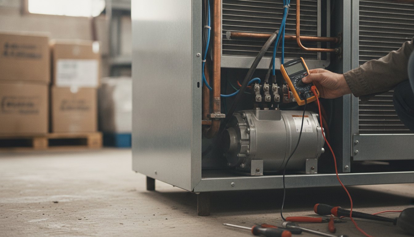 Técnico de refrigeração inspecionando o compressor na parte traseira de uma geladeira com um multímetro.